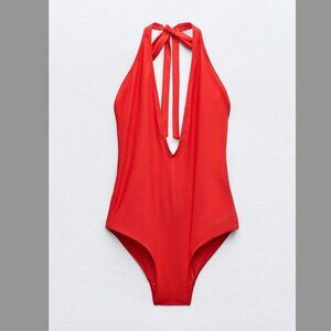 Zara Red Halter One-Piece Swimsuit